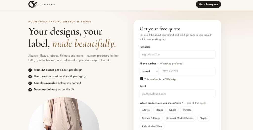 Clotify website on desktop: Your designs, your label, made beautifully, with a free quote form